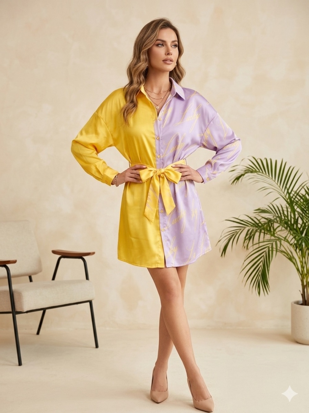 Two-Tone Yellow & Lavender Button-Front Shirt Dress